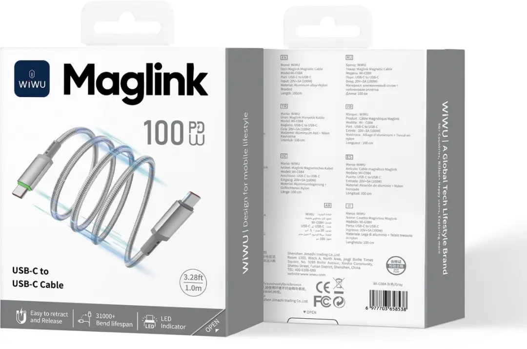 WiWu USB-C Kabel 100W Magnetisch Grijs - afbeelding 5 van 6