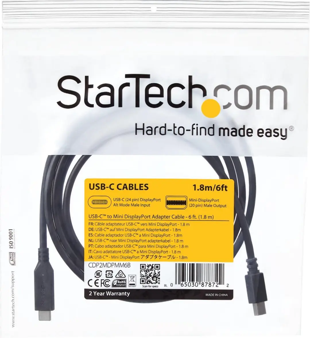 Startech USB-C naar Mini DisplayPort Kabel 1,8m - Zwart