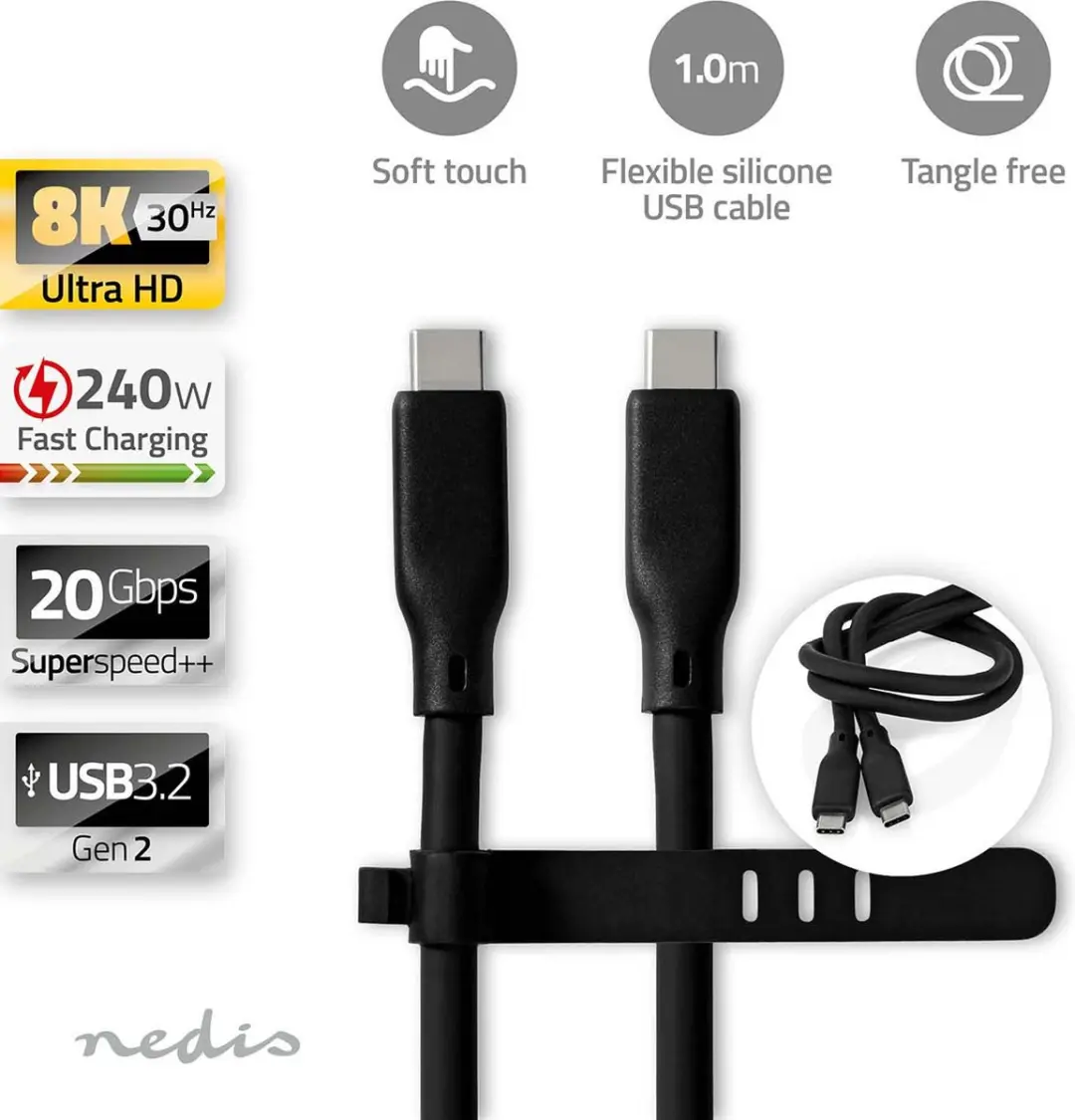 Nedis USB-C Kabel CCGB64810WT10 - 240W 8K@30Hz 20Gbps 1m Wit