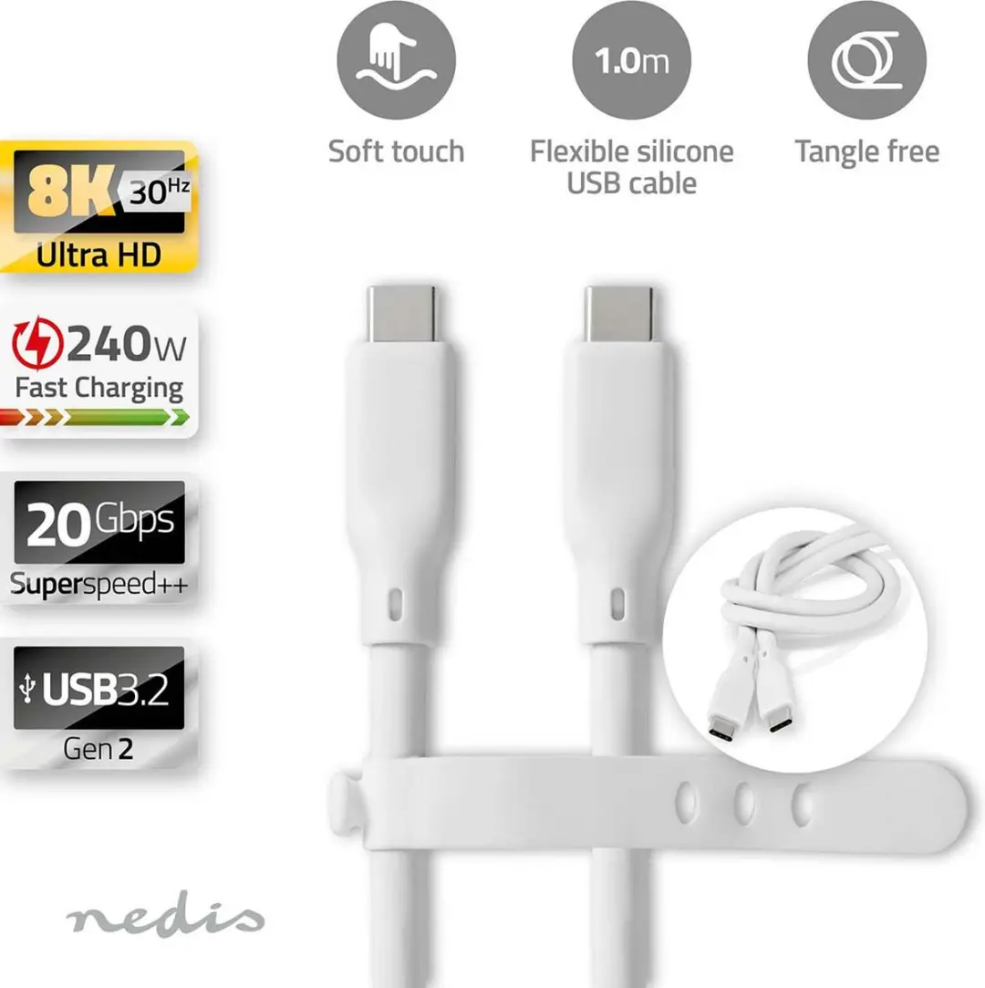 Nedis USB-C Kabel CCGB64810WT10 - 240W 8K@30Hz 20Gbps 1m Wit