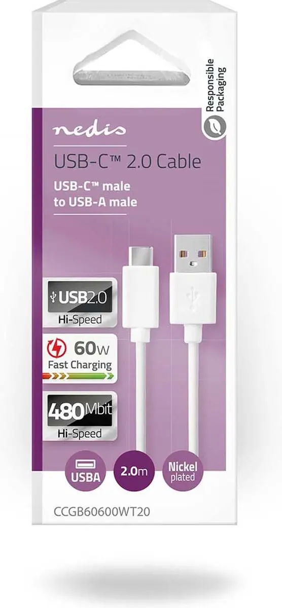 Nedis USB-C Kabel 60W 2m - USB 2.0 - Zwart