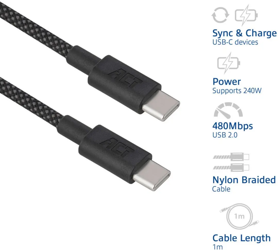 ACT AC3086 USB-C naar USB-C Kabel 240W - 1m - Zwart