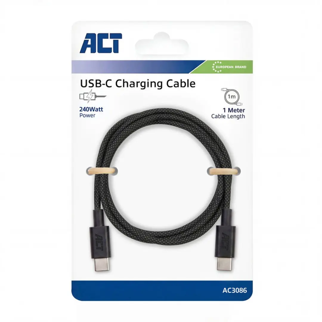 ACT AC3086 USB-C naar USB-C Kabel 240W - 1m - Zwart