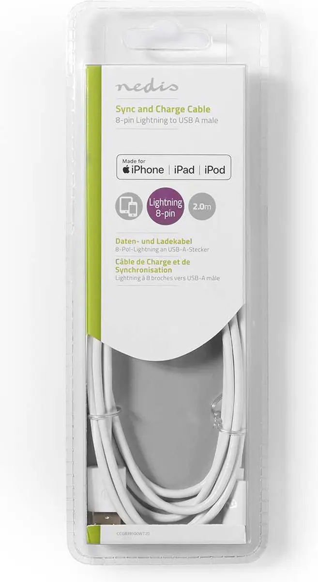 Nedis Lightning Kabel USB-A 2.0 2m - Wit