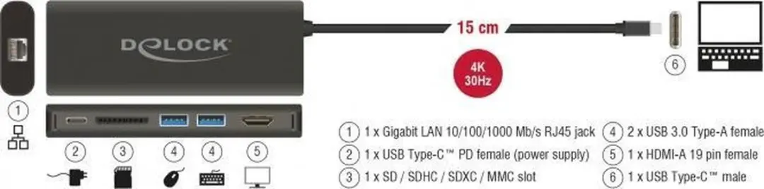 Delock USB-C naar HDMI/USB-A/RJ45/SD-adapter 4K30 - Zwart