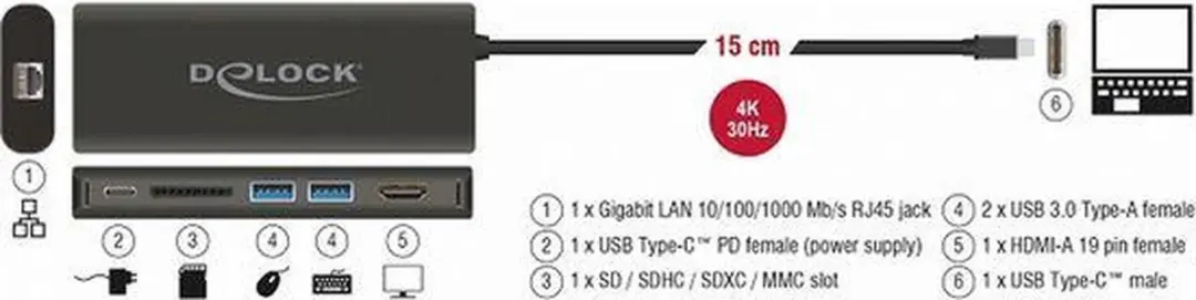 Delock USB-C naar HDMI/USB-A/RJ45/SD-adapter 4K30 - Zwart