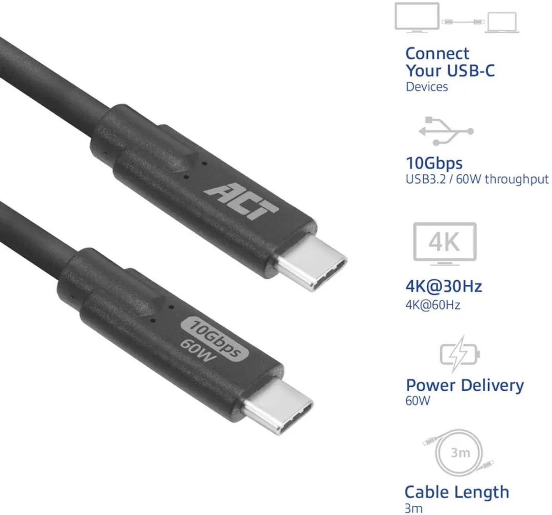 ACT AC7443 USB Type-C Kabel 3m - 10Gbps 60W - Zwart