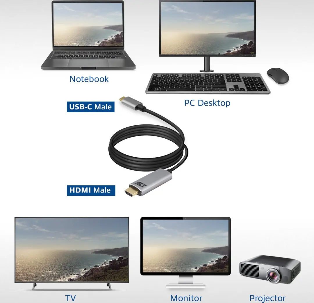 ACT AC7015 USB-C naar HDMI Kabel 1,8m - Zilver