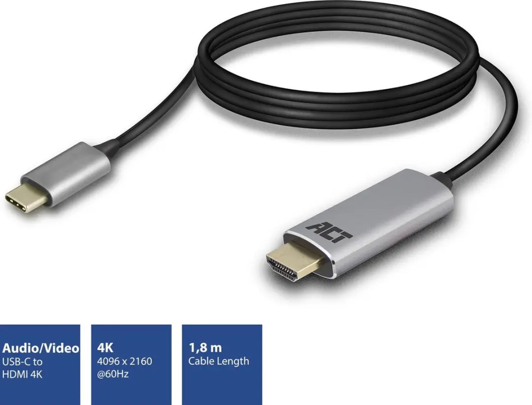 ACT AC7015 USB-C naar HDMI Kabel 1,8m - Zilver