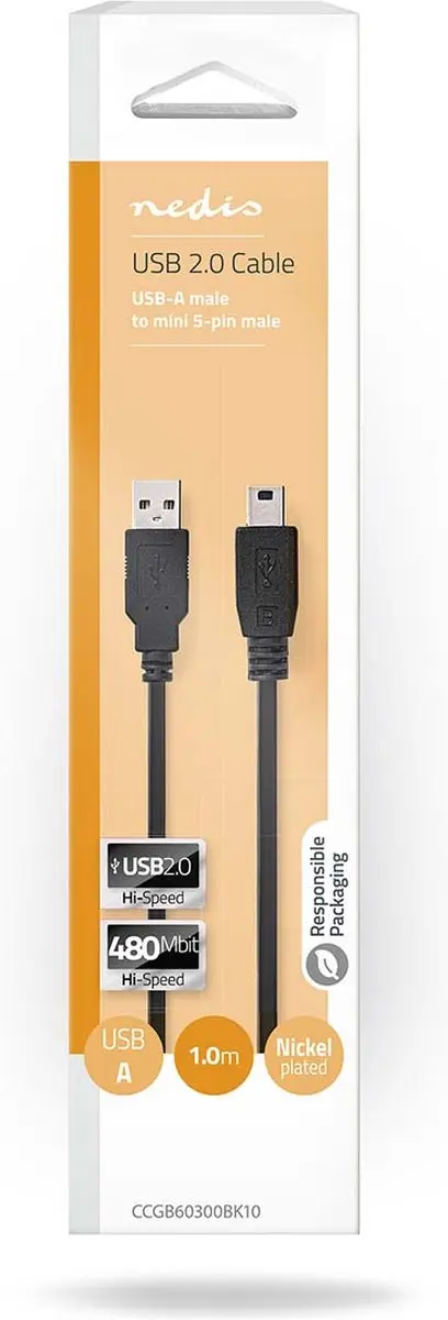 Nedis USB 2.0 A naar Mini-B Kabel 1m - Zwart