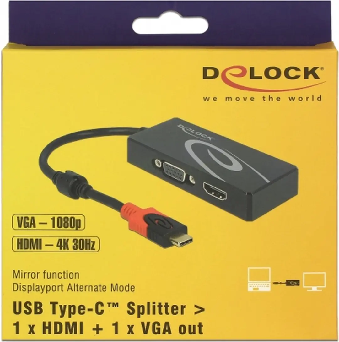 Delock USB-C naar HDMI/VGA Splitter DP Alt Mode - 0,20m - Zwart