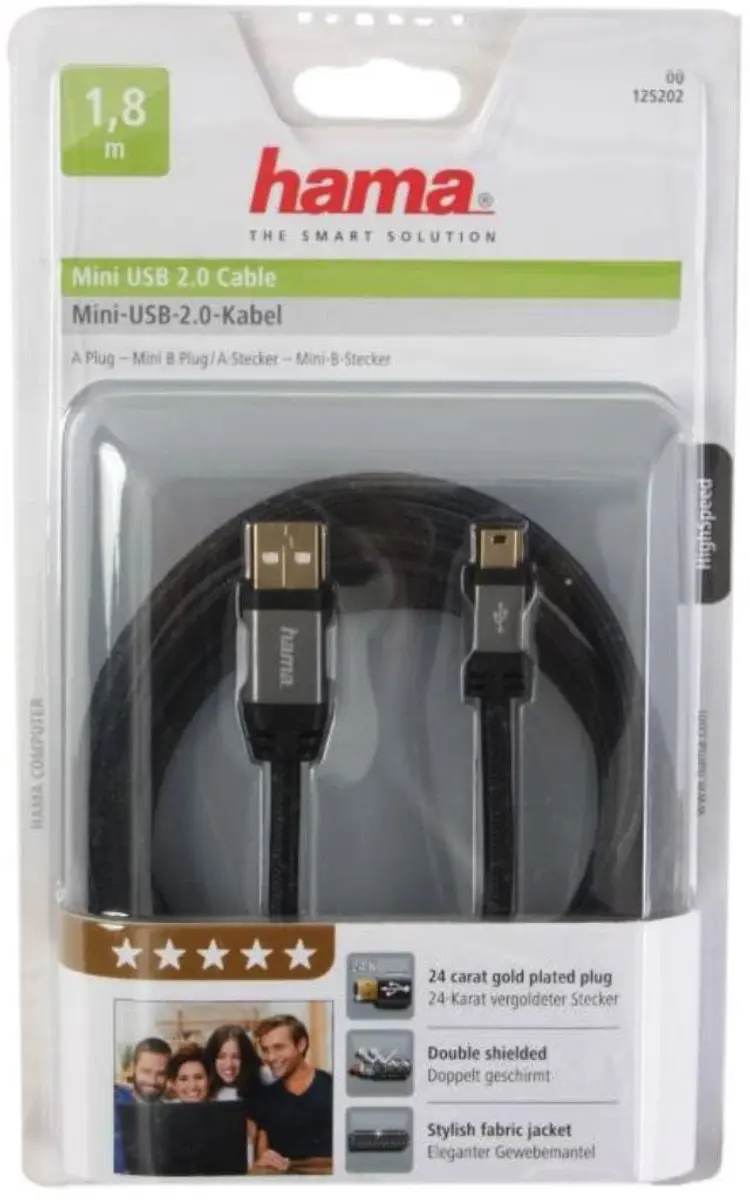 Hama Mini-USB 2.0 Kabel 1,8m - 24K Verguld Ferrietweefsel - Grijs/Zwart