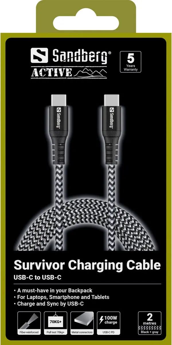 Sandberg 441-67 USB-C Kabel 2m - 100W - Zwart/Wit - afbeelding 3 van 3
