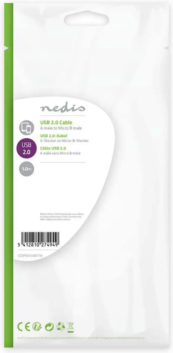Nedis USB 2.0 A naar Micro-B Kabel 1m - Plat - Wit
