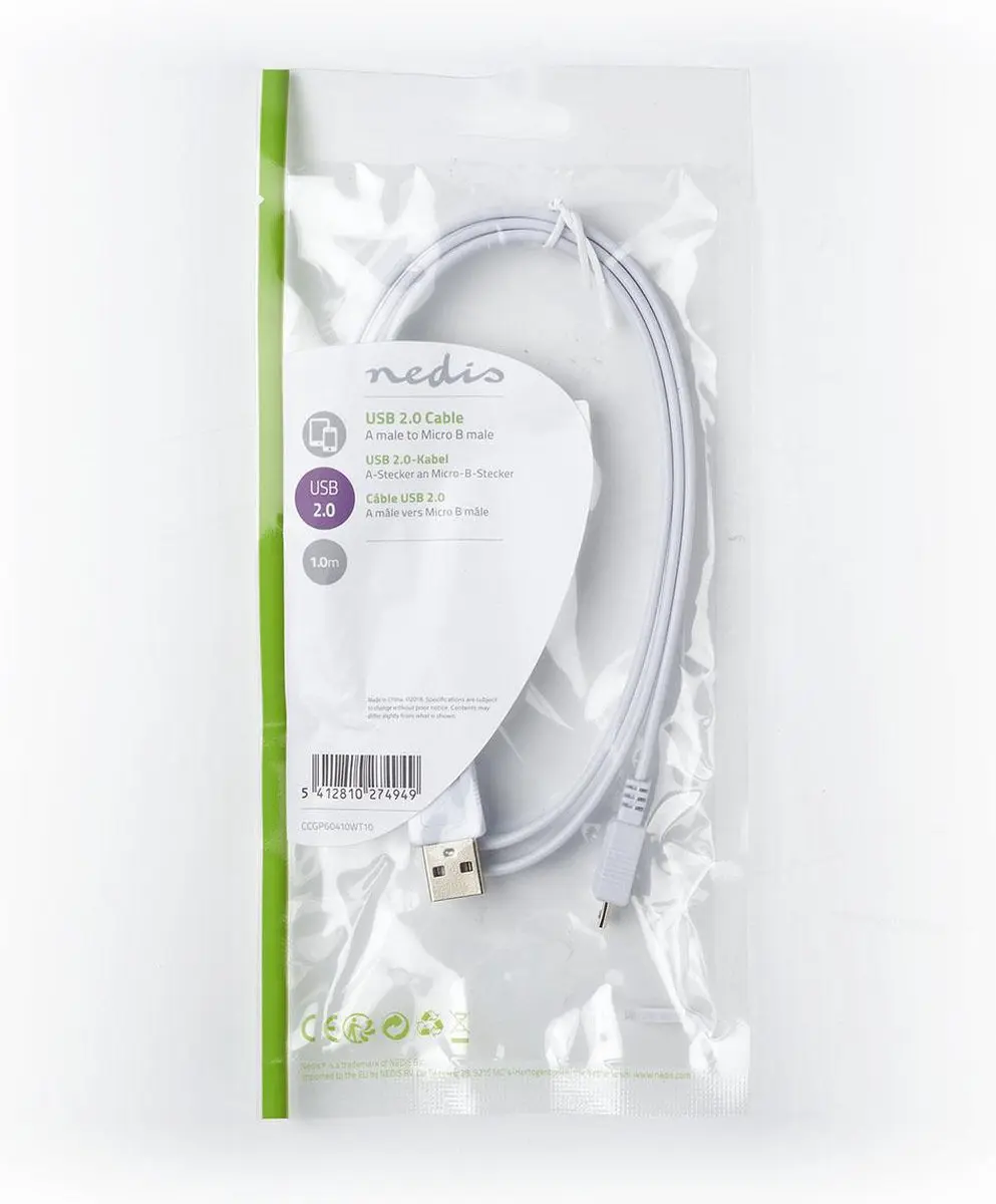 Nedis USB 2.0 A naar Micro-B Kabel 1m - Plat - Wit