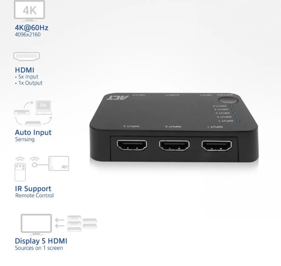 ACT HDMI Schakelaar AC7841 5-poorts - 4K 60Hz - Zwart