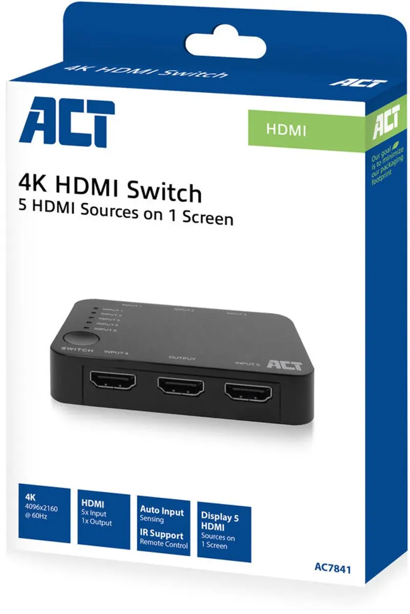 ACT HDMI Schakelaar AC7841 5-poorts - 4K 60Hz - Zwart
