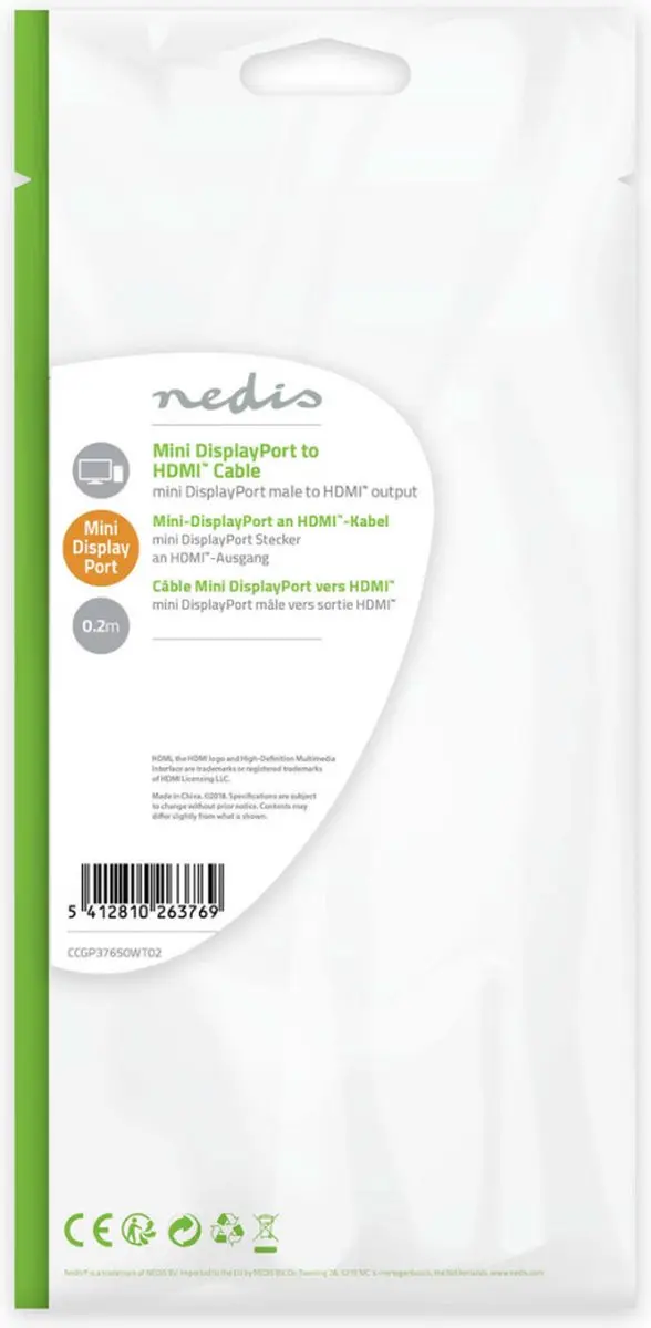 Nedis Mini DisplayPort naar HDMI Kabel 21.6 Gbps 0.2m - Wit - afbeelding 6 van 6