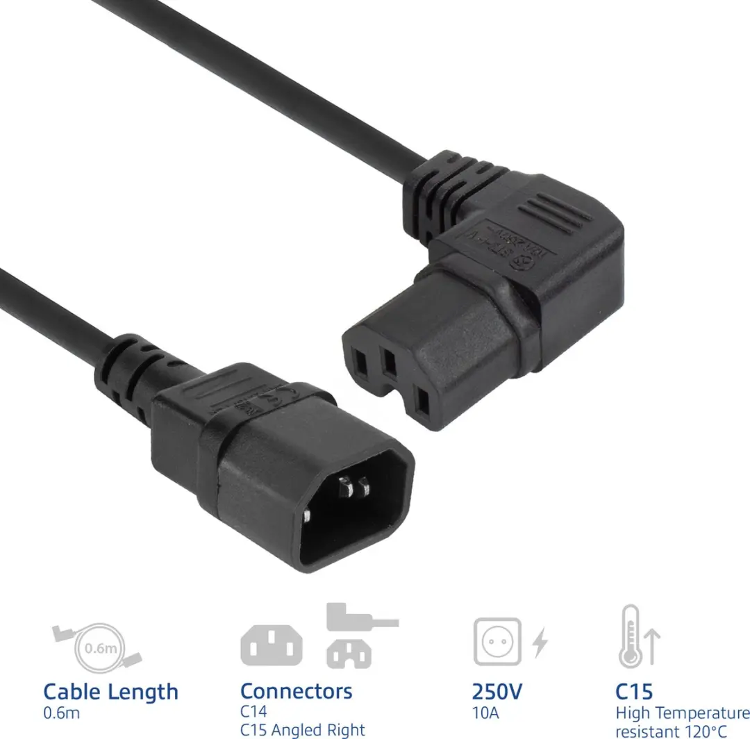 ACT AK5355 Netsnoer C14-C15 Haaks Rechts 0,6m - Zwart