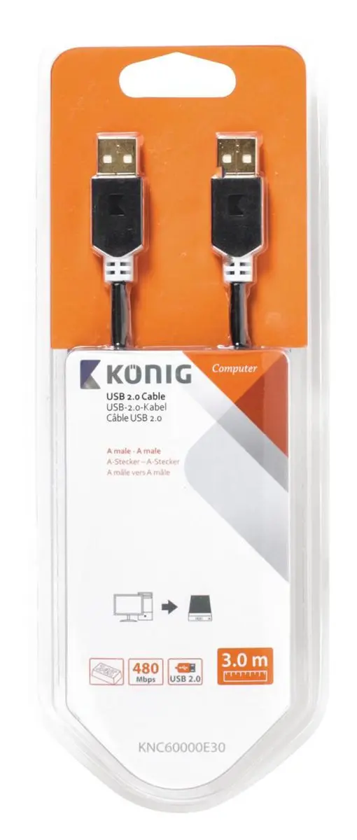 Konig USB 2.0 A Male naar A Male Kabel - 3m - Grijs
