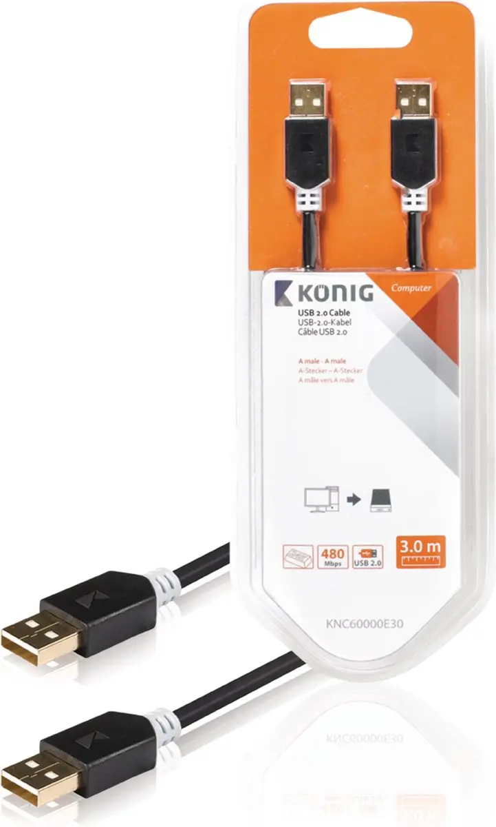 Konig USB 2.0 A Male naar A Male Kabel - 3m - Grijs