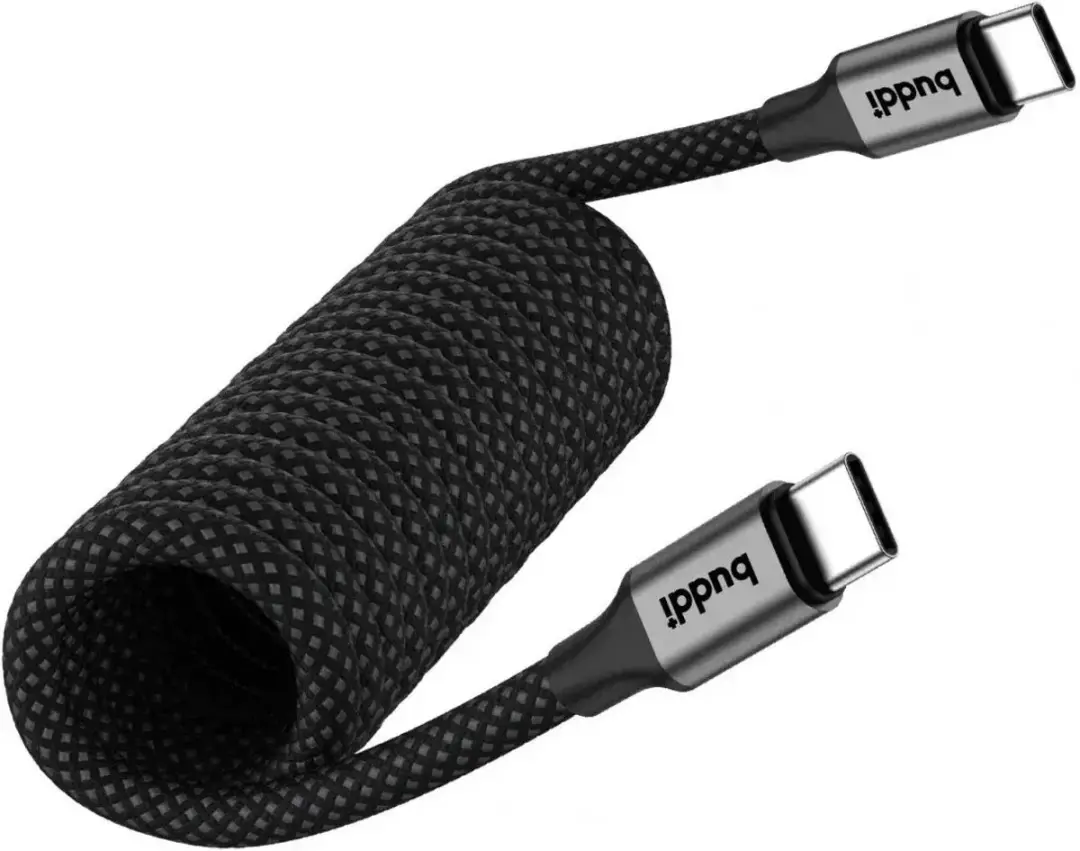 Buddi Flex Uitrekbare USB-C Krulkabel 60W - 2M - Zwart