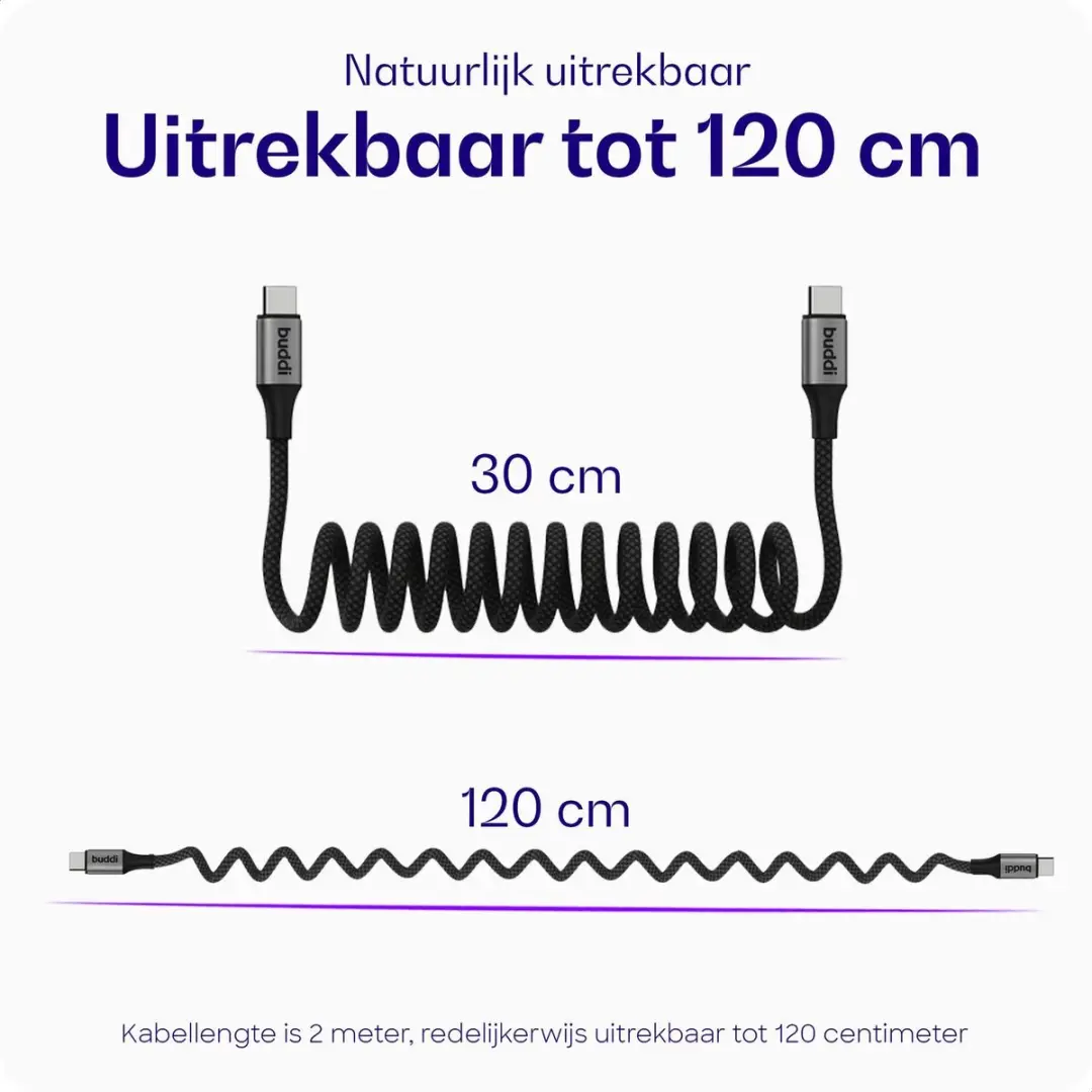 Buddi Flex Uitrekbare USB-C Krulkabel 60W - 2M - Zwart