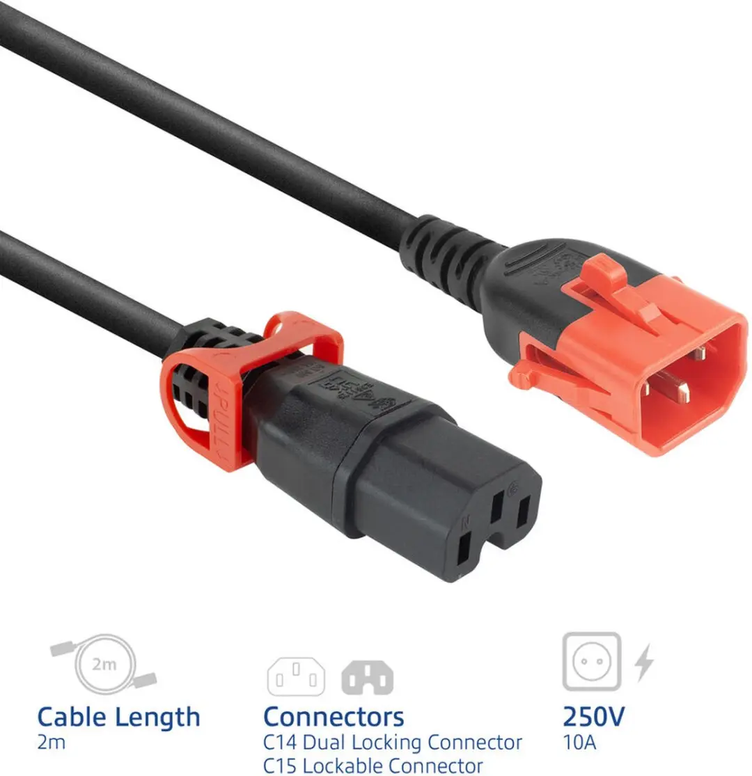 ACT PC3872 Netsnoer C14/C15 Lock+ - 2m - Zwart