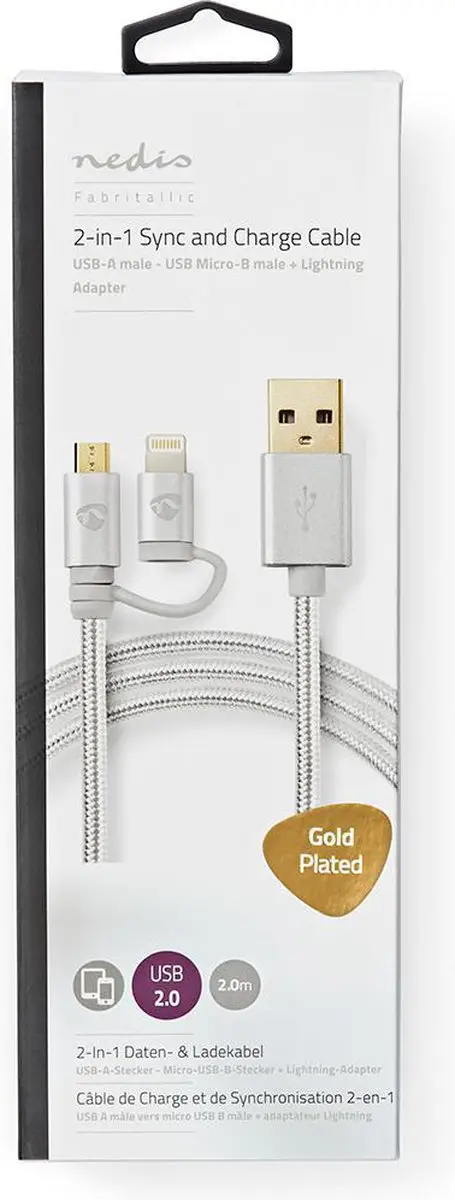 Nedis 2-in-1 USB-Kabel Lightning/USB Micro-B 2m - Verguld - Aluminium
