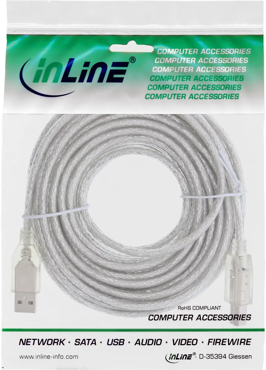 InLine USB naar USB-B Kabel 2.0 - 2m - 2A - Transparant