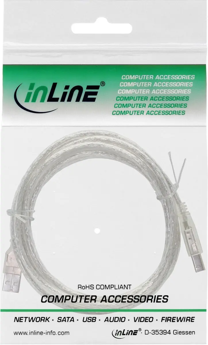 InLine USB naar USB-B Kabel 2.0 - 2m - 2A - Transparant