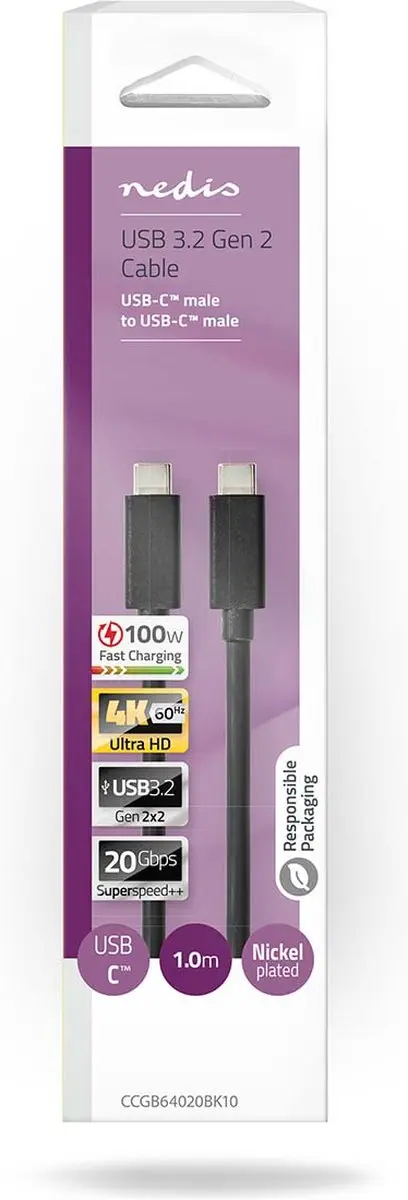 Nedis USB-C Kabel CCGB64020BK10 100W 4K@60Hz 1m - Zwart