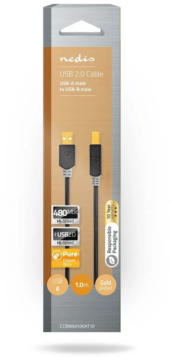 Nedis USB 2.0 A-B Kabel 1m - Verguld - Antraciet