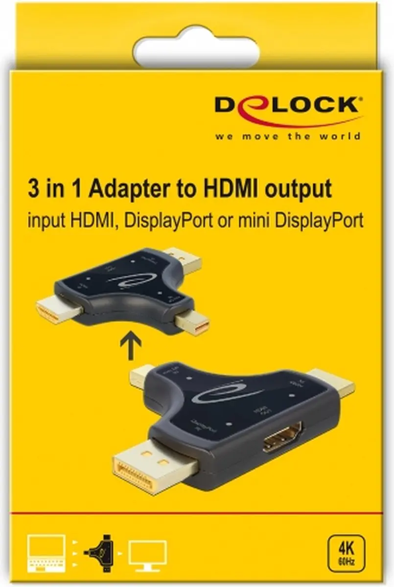 Delock 64059 3-in-1 Monitor Adapter HDMI/DisplayPort/mini DisplayPort naar HDMI - 4K 60Hz - Zwart