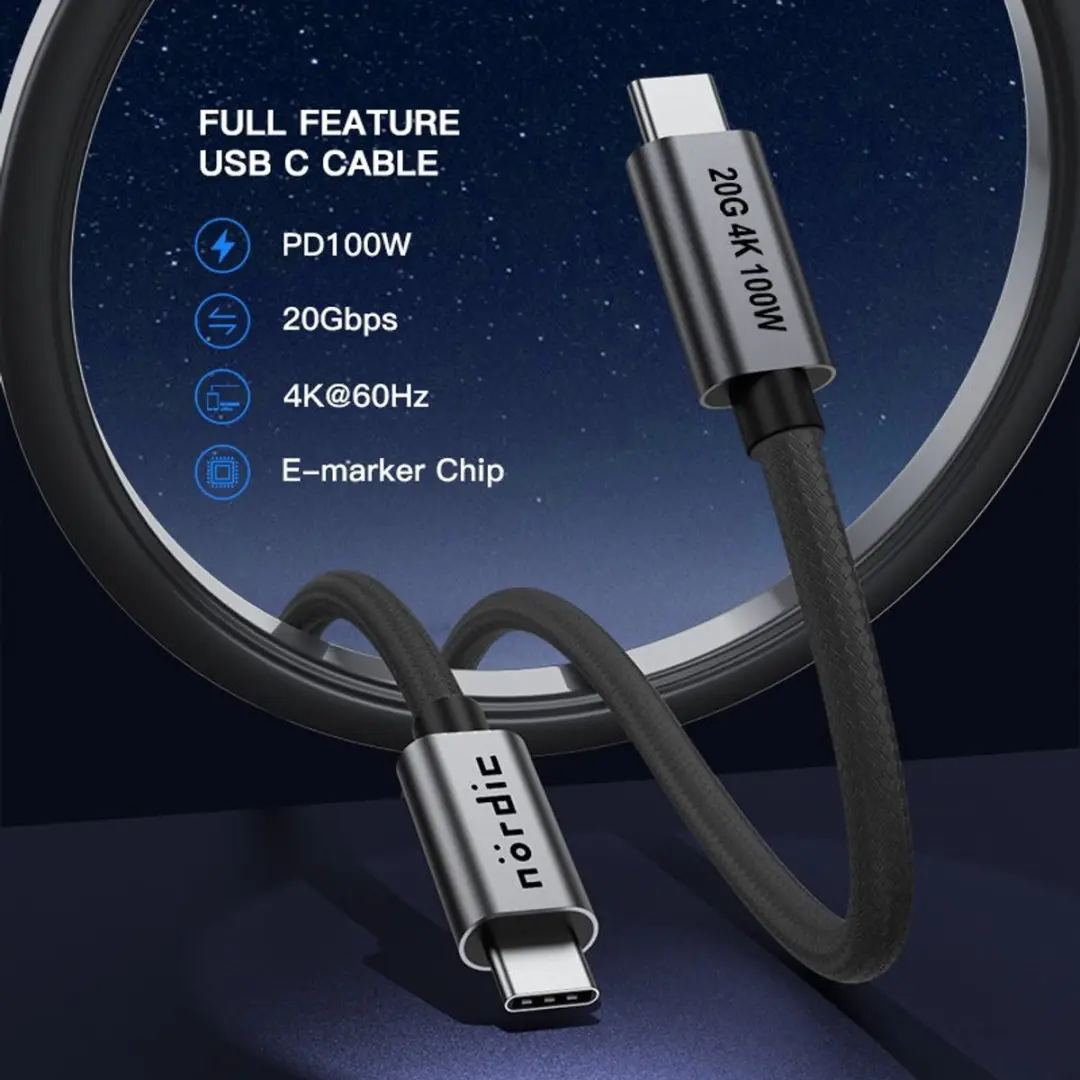 NÖRDIC USBC-N1374 USBC-kabel - 10Gbps 100W Spacegrijs