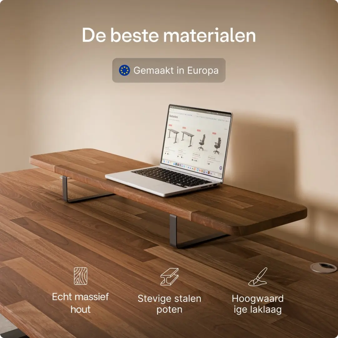 Desktronic Monitorstandaard 2 Schermen - 114x28cm - Zwart/Massief Walnoot
