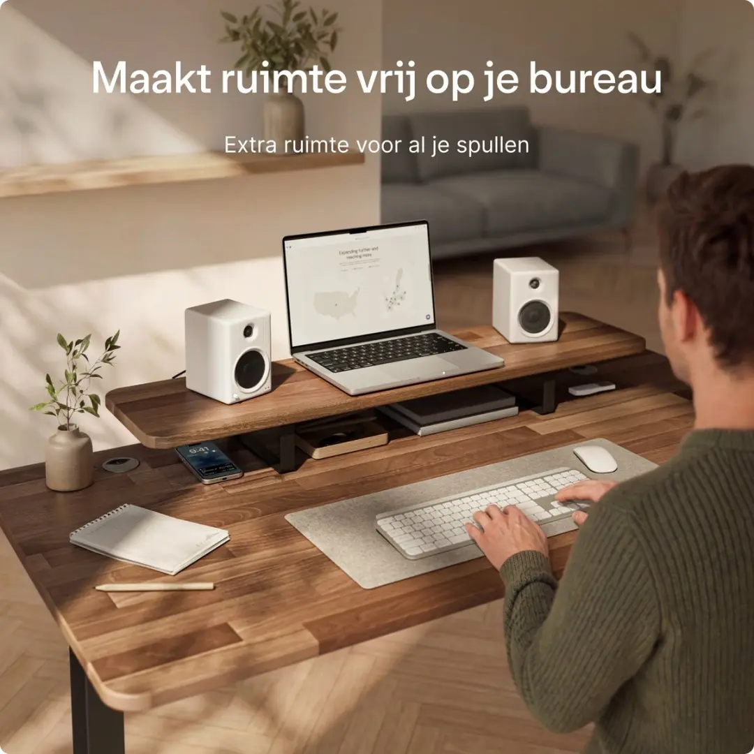 Desktronic Monitorstandaard 2 Schermen - 114x28cm - Zwart/Massief Walnoot