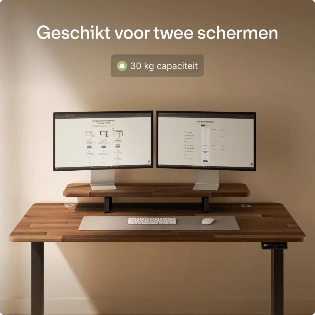 Desktronic Monitorstandaard 2 Schermen - 114x28cm - Zwart/Massief Walnoot