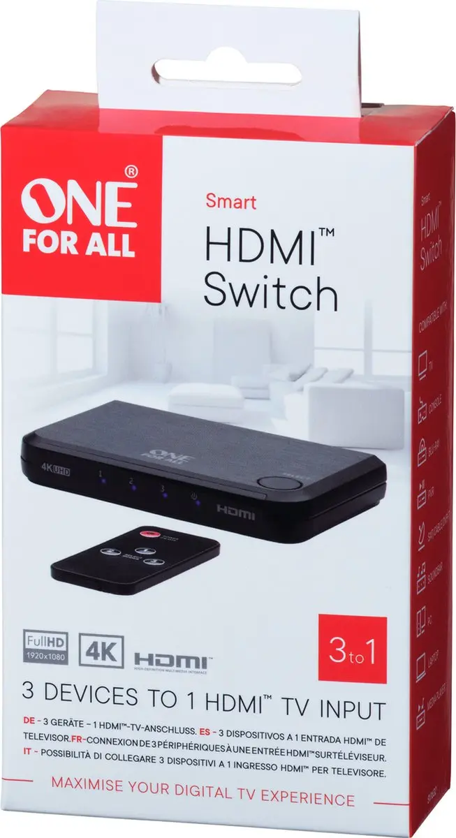 One For All SV1632 HDMI Switch 4K - 3in naar 1out - Zwart