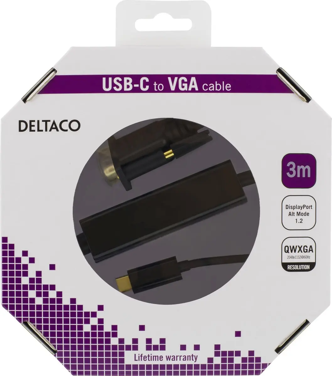 Deltaco USBC-1088-K USB-C naar VGA Kabel 3m - Zwart