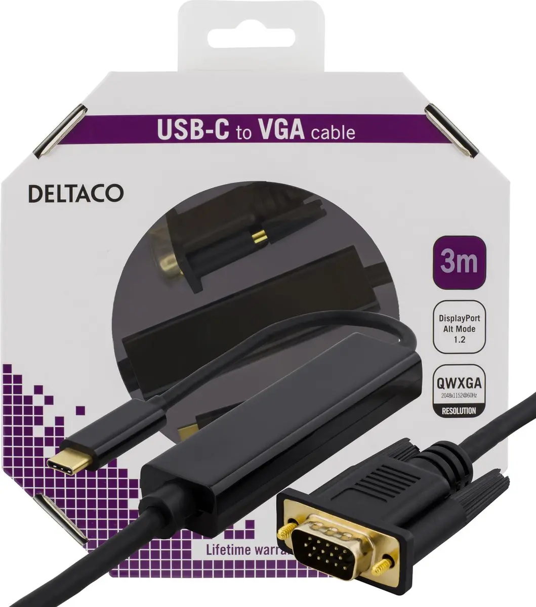 Deltaco USBC-1088-K USB-C naar VGA Kabel 3m - Zwart