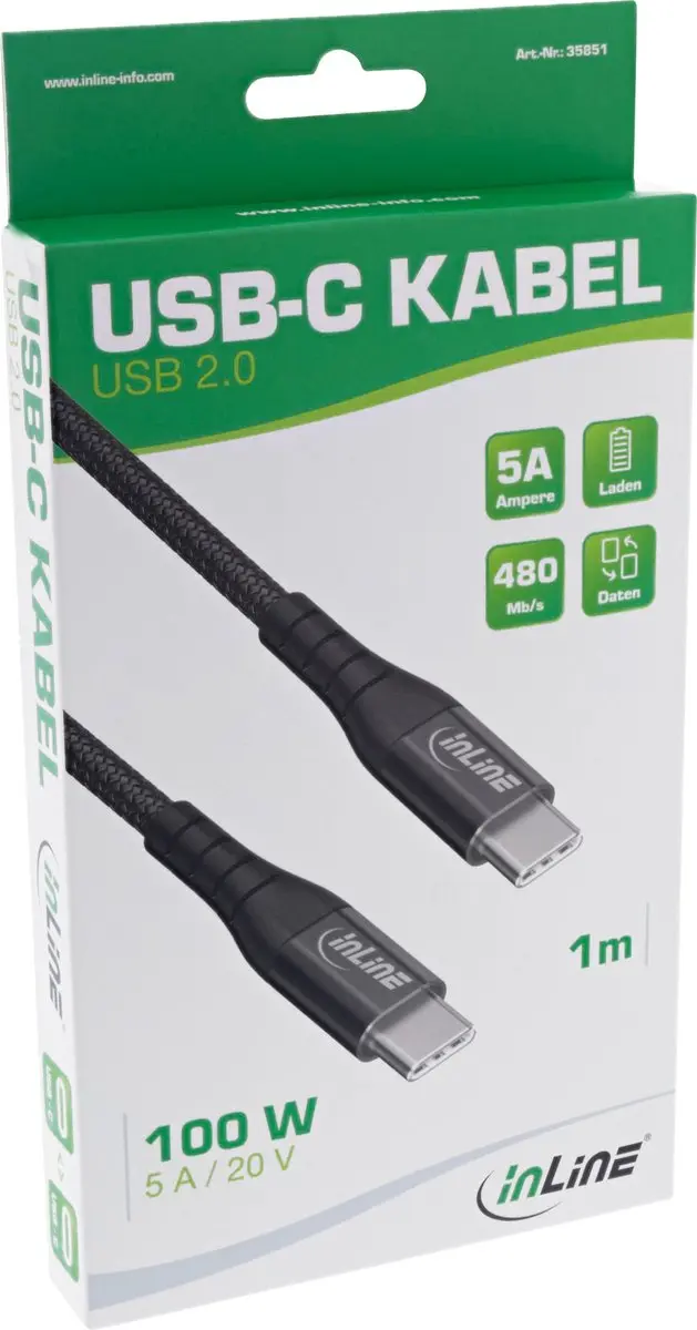 InLine USB-C Kabel 2m - USB 2.0 PD 100W - Zwart