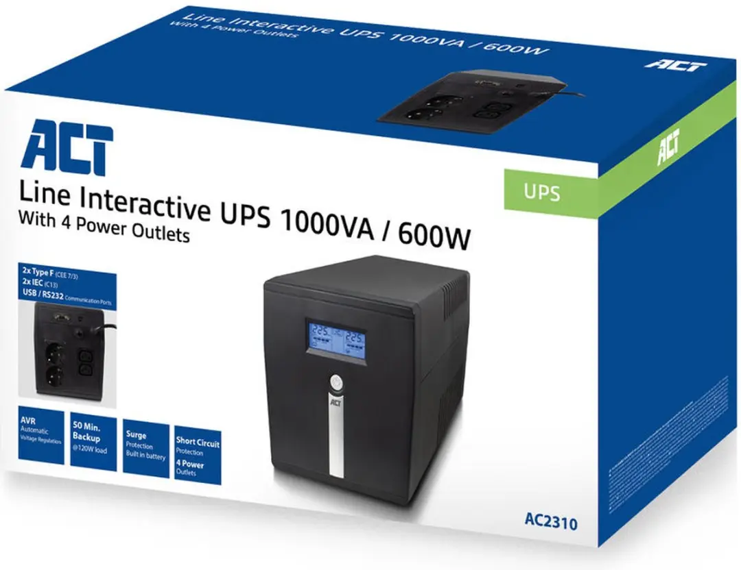 ACT UPS Line-interactive AC2310 1 kVA 600W - Zwart
