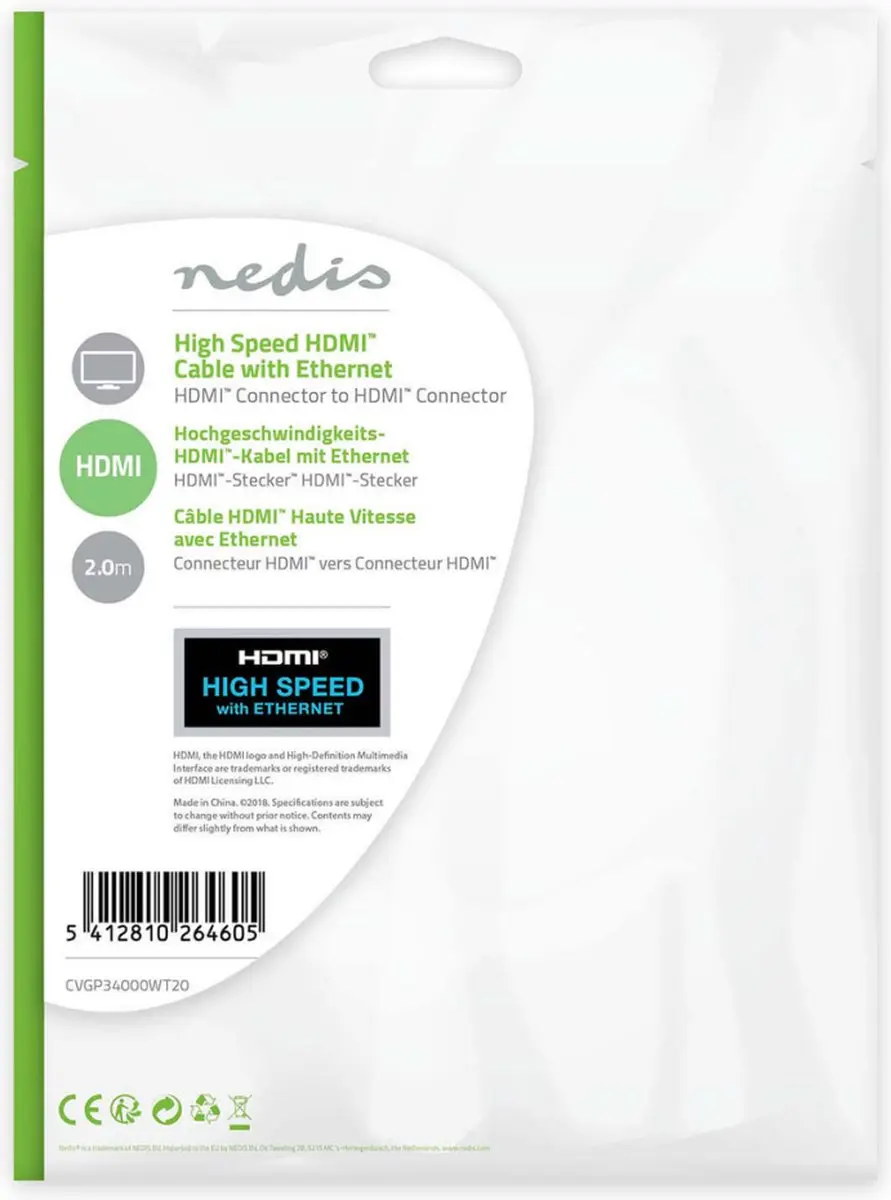 Nedis HDMI-Kabel CVGP34000WT20 4K@30Hz - 2m - Wit