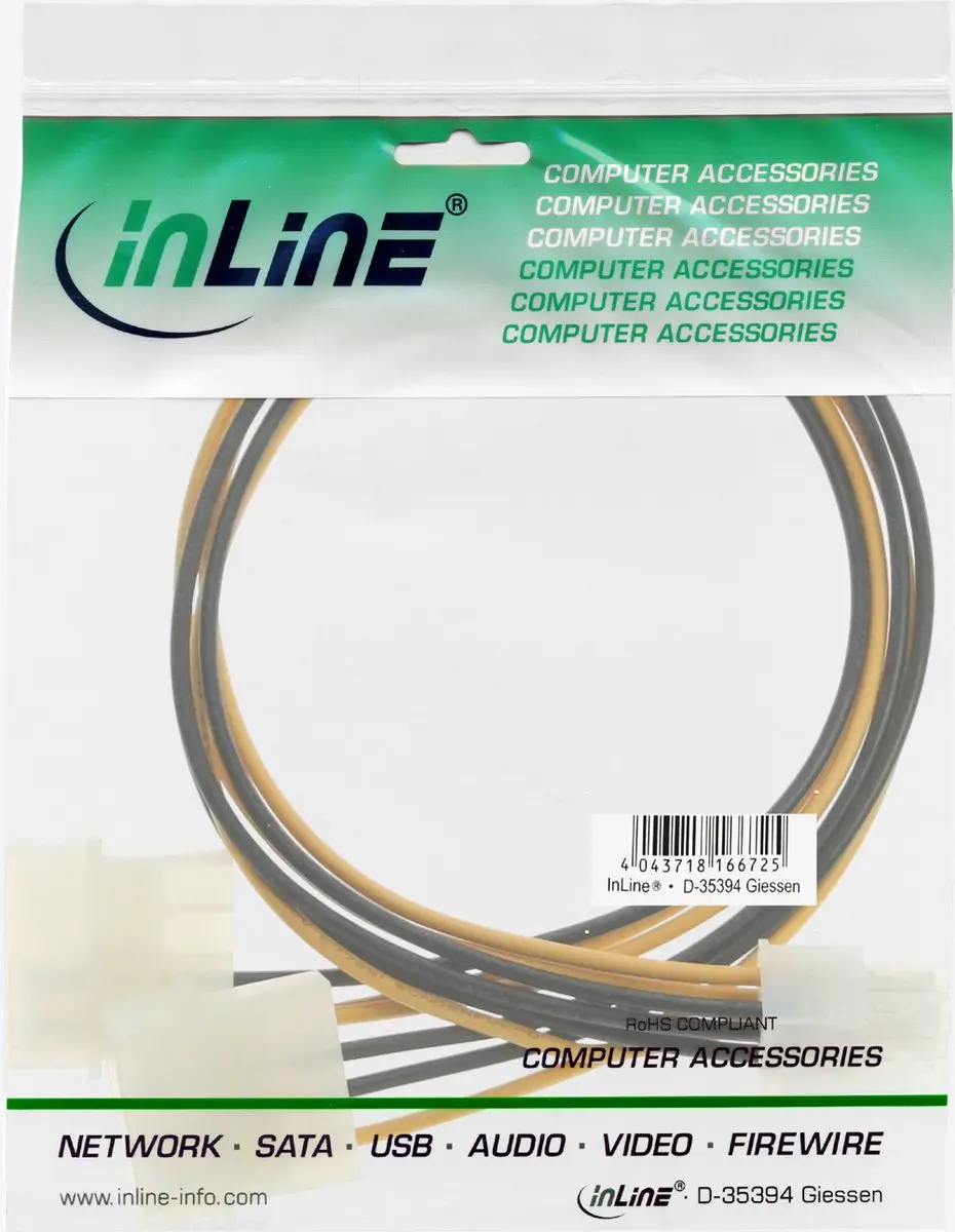 InLine PCIe 6-pins naar 2x Molex 4-pins Adapter - 30cm - Wit