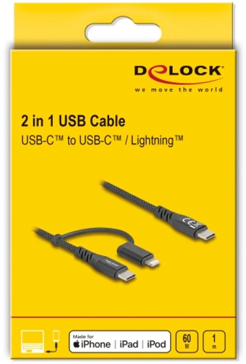 Delock USB-C naar USB-C/Lightning 1m 60W - Zwart