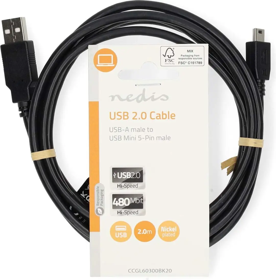 Nedis USB 2.0 Kabel A naar Mini-B 5-pins - 2m - Zwart