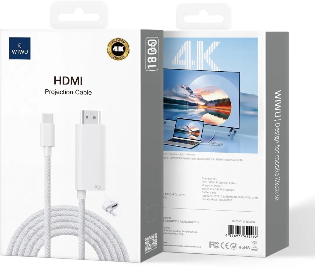 WiWu Type-C naar HDMI Kabel 1.8M - 100W PD 4K@60Hz - Wit