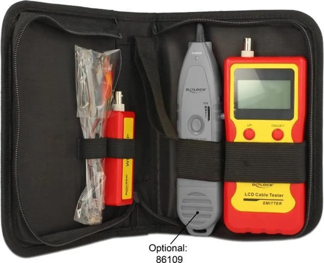 Delock LCD Kabeltester RJ45/RJ12/BNC/USB - Geel/Rood