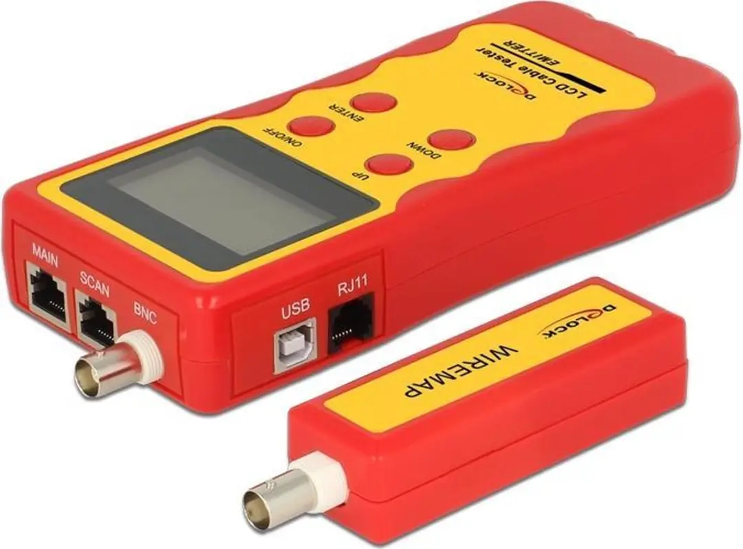 Delock LCD Kabeltester RJ45/RJ12/BNC/USB - Geel/Rood
